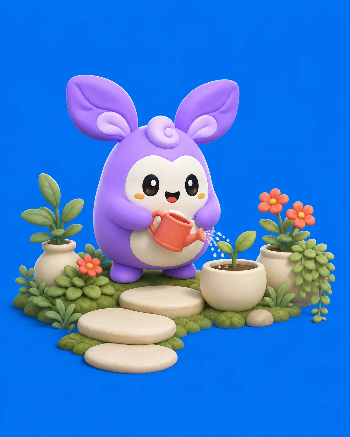 Pofu tends a new plant in the garden.